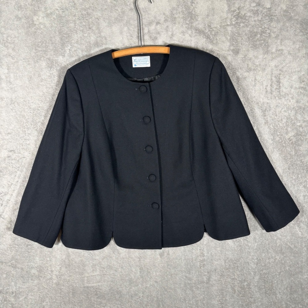Pendleton Vintage Women Fit XL Black Virgin Wool Collarless Scalloped Blazer USA